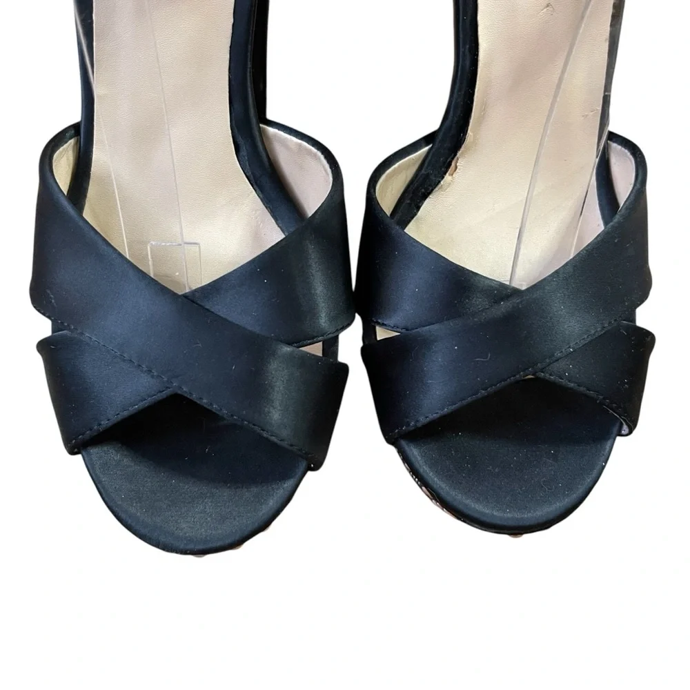 Chic Black Satin Platform Heel Sandals with Silver Studded Accents Ankle strap
